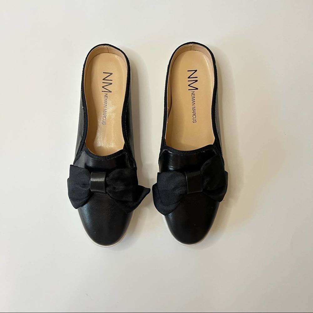 Neiman Marcus Black Leather Bow Flats